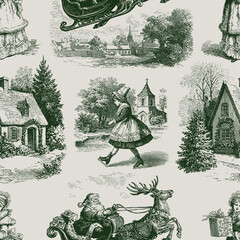 Seamless vector pattern with traditional European Christmas scenes. Vintage engraving or ink drawing style vector illustration.