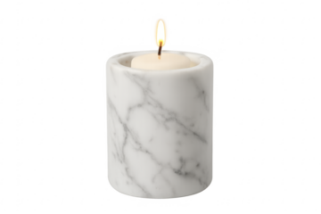 Lit candle in white marble holder, transparent background