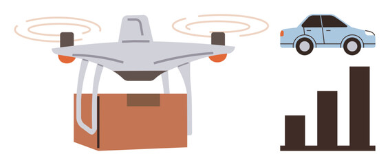 Naklejka na ściany i meble quadcopter carrying package with propellers spinning, a car symbolizing transportation, and a rising bar chart. Ideal for technology, logistics, delivery, transportation, progress, business