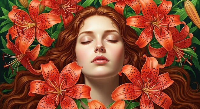Woman with red hair surrounded by orange lilies