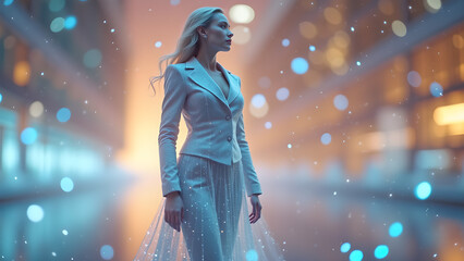 Elegant woman with confidence strides forward, bathed in ethereal lights, embodying sophistication
