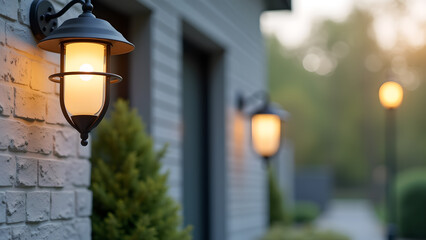 Elegantly illuminating the outdoors with classic lanterns adorning brick and siding, creating a