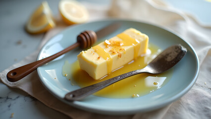 Elevated breakfast indulgence, a block of butter drizzled with honey accompanied by fresh lemon