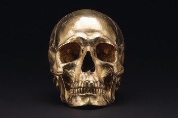 Obraz premium Polished, gleaming solid gold human skull casting a subtle shadow on a stark, deep black background - luxury, wealth, mortality