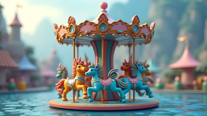 Enchanting carousel with magical horses floats on water in dreamy fairyland setting evoking