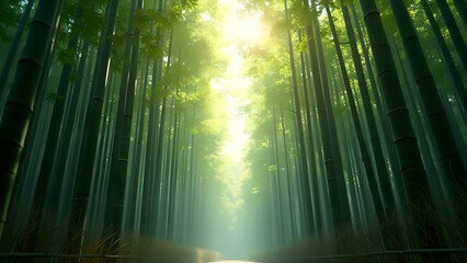 Enchanting bamboo forest path with golden sunlight illuminating the lush green scenery creating