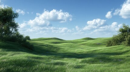 Obraz premium Vast, rolling green hills covered in lush, wind-swept grass under a bright blue sky with fluffy white clouds