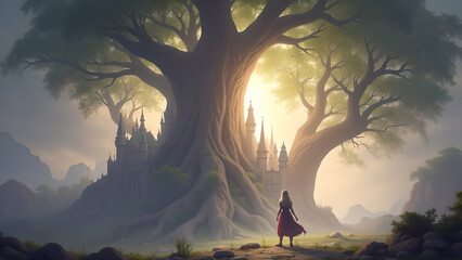 Enchanting castle nestled beneath a magnificent ancient tree, under the warm embrace of the sun's