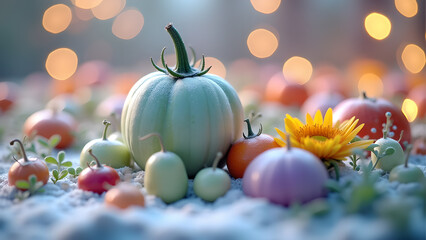 Enchanting display of gourds and small pumpkins on a textured surface, adorned with delicate