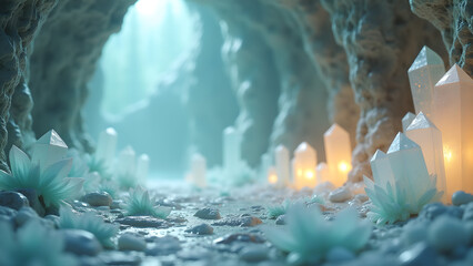 Enchanting crystal cavern bathed in soft light, a mystical geological display with sparkling