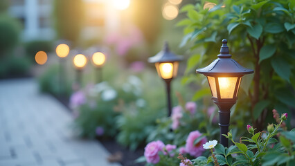 Enchanting pathway illumination featuring vintage lantern lights amidst lush flowerbeds in a