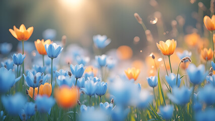 Enchanting springtime bloom, a vivid tapestry of blue and golden tulips sway softly in the radiant
