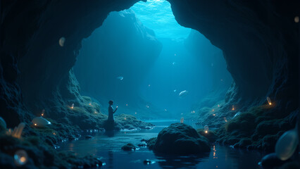 Enchanting underwater cavern with bioluminescent flora and fauna a serene escape for a solitary