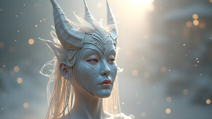 Enchanting vision of ethereal queen with decorative horns in mystical ambience with sparkling