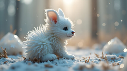 Enchanting winter portrait showcases an adorable white puppy amidst a snow kissed backdrop evoking