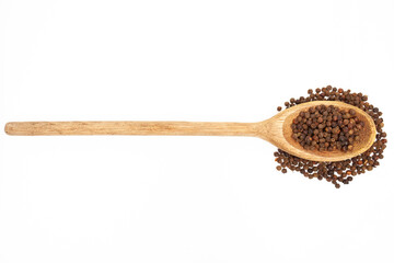 Rustic wooden spoon with black pepper on white background
