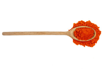 Wooden kitchen spoon filled with colorful food dye isolated on white