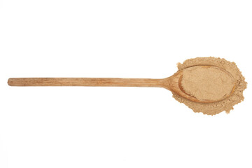 Wooden kitchen spoon filled with garlic and onion powder isolated on white
