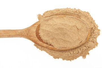 Detail of garlic and onion powder in wooden spoon on white background