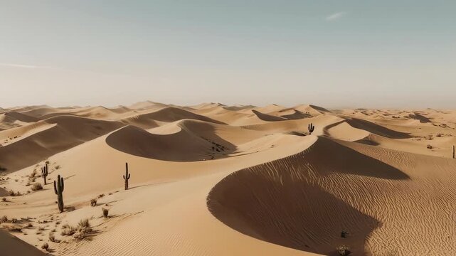 Expansive desert landscape with dunes and cacti