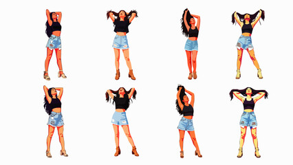 A series of illustrations depicts a stylish woman in various poses, wearing a black top, denim shorts, and heels against a white background.