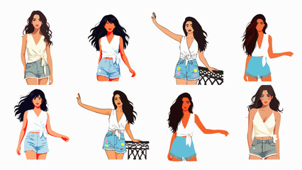 A collection of stylized illustrations featuring a young woman in various poses, wearing a white top and denim shorts, perfect for design needs.