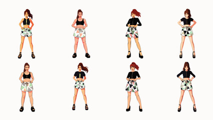 A series of illustrations showcasing a young woman in various poses, wearing a black top and patterned shorts, isolated on a white background.