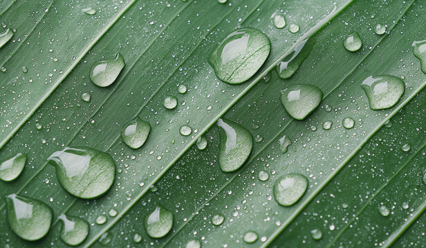 Closeup of water droplets on green leaf &ndash; full-frame diagonal macro texture with vivid detail and clarity.