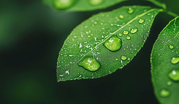 Dew drops on single green leaf &ndash; minimalist macro nature composition with dark blurred background