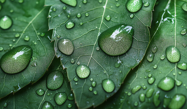 Full-frame layered green leaves background with water droplets &ndash; detailed macro texture showing natural freshness and depth