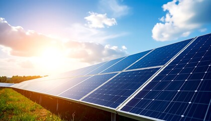 Solar panels with bright sun on blue sky Renewable energy technology with ecological.