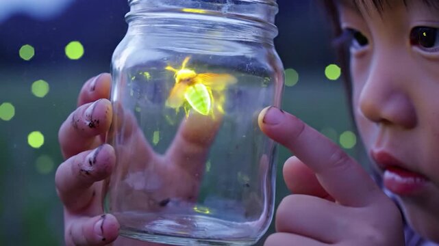 Child holding glass jar with glowing firefly in natural dark environment