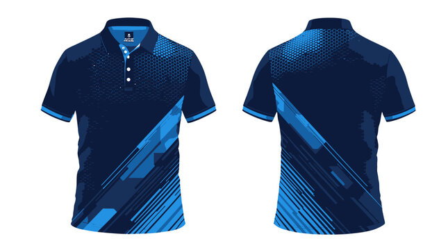 A vector illustration showcases a stylish, modern football polo shirt design, featuring a front and back view with dynamic blue geometric patterns, perfect for sports apparel.