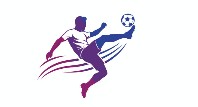 A dynamic vector illustration showcases a silhouette of a football player in mid-air, kicking a soccer ball, with vibrant purple and blue gradient effects, perfect for sports-related designs.