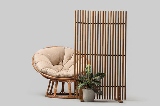Cocoon chair with plant and folding screen on light background