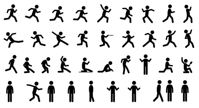 Collection of diverse stick figure icons representing various human actions and poses, perfect for sports and activity illustrations.