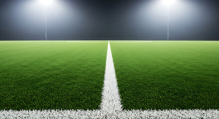 Obraz premium Green Soccer Field with White Lines and Stadium Lights Shining Above, Creating a Vibrant Sports Arena Atmosphere