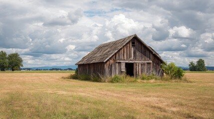 Fototapeta premium Rustic Barn in a Field Under a Cloudy Sky.