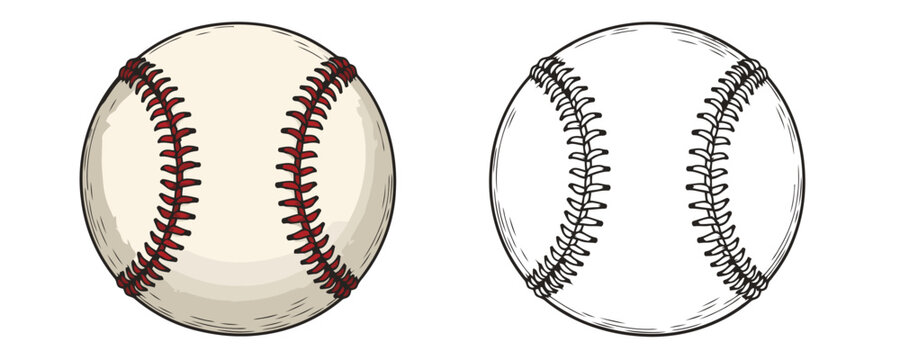Detailed hand-drawn style illustration of two white baseballs one colored with red seams and one black and white outline drawing of the ball