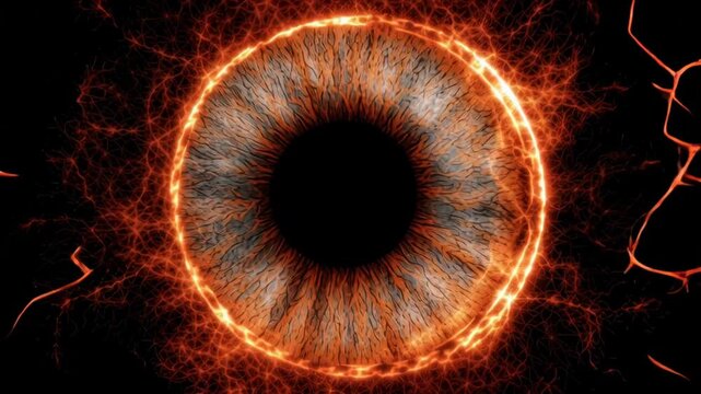 Intense abstract evil eye of fire conveys glowing horror and demonic power. scary fantasy concept with burning supernatural energy