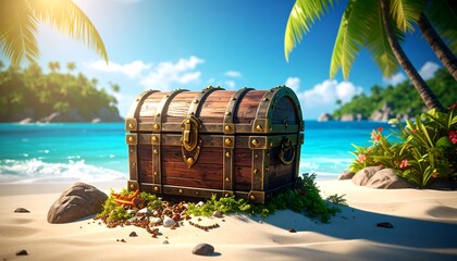 Fototapeta premium Treasure Chest on Sunny Tropical Beach Exploration with Adventure Discovery.
