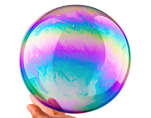 Giant iridescent soap bubble held in hand showcasing vibrant rainbow colors.