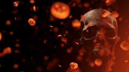 Dark scary halloween horror background with spooky red skull and evil floating pumpkin creating an atmosphere of sinister fear and mystery - Powered by Adobe