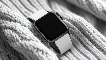 Black and white smartwatch on a simple knit sweater. Ai