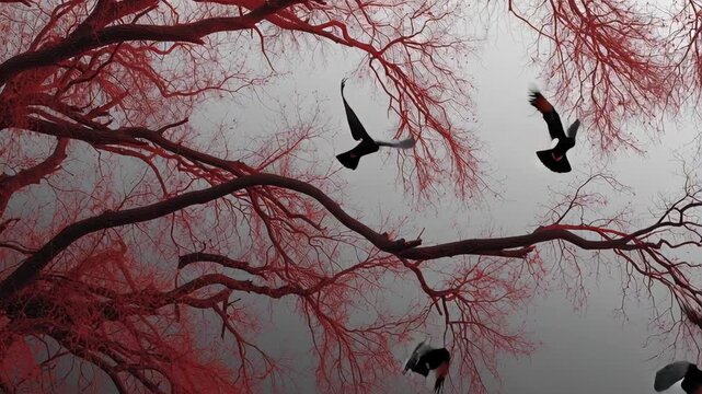 Spooky Halloween silhouette Black vulture flock perched on stark red tree branch. Ominous gothic scene creating creepy, scary mood