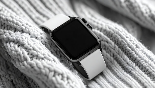 Black and white smartwatch on a simple knit sweater. Ai
