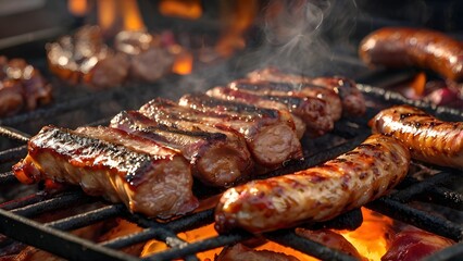 Delicious grilled ribs and sausages sizzling over open flame barbecue