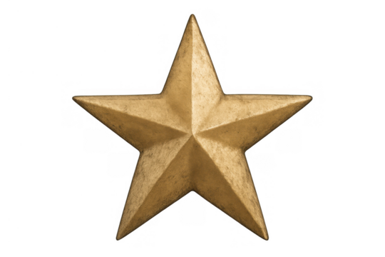 Golden star symbol displaying victory, success, and reward, cut out on a transparent background, offering versatility for design