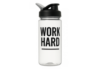 Water bottle with inspiration quote work hard, promoting fitness, motivation and healthy lifestyle, isolated transparent background