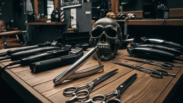 Barber shop tools and skull on a wooden table, vintage barber chair in background